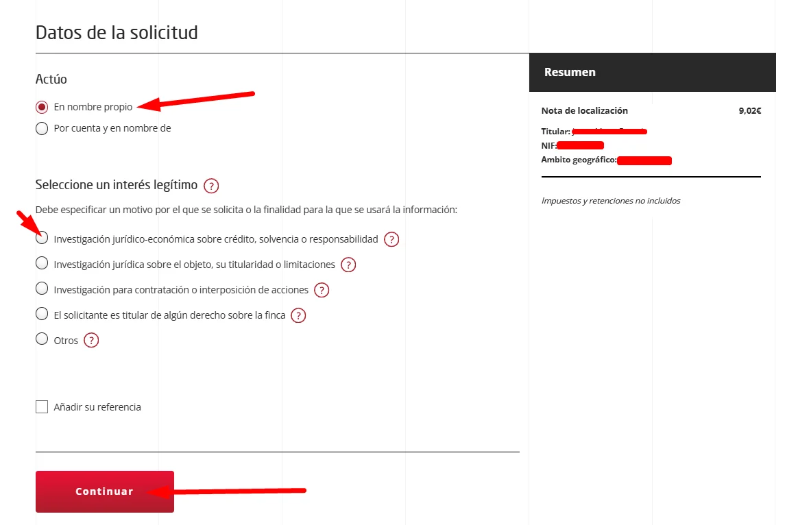 Rellenar datos de solicitud de la nota de localizacion